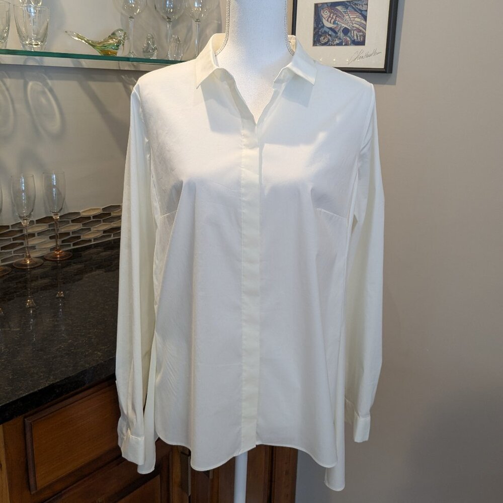 The Alfani Collar Long Sleeve Covered Buttons Loose High Low Ivory White Blouse